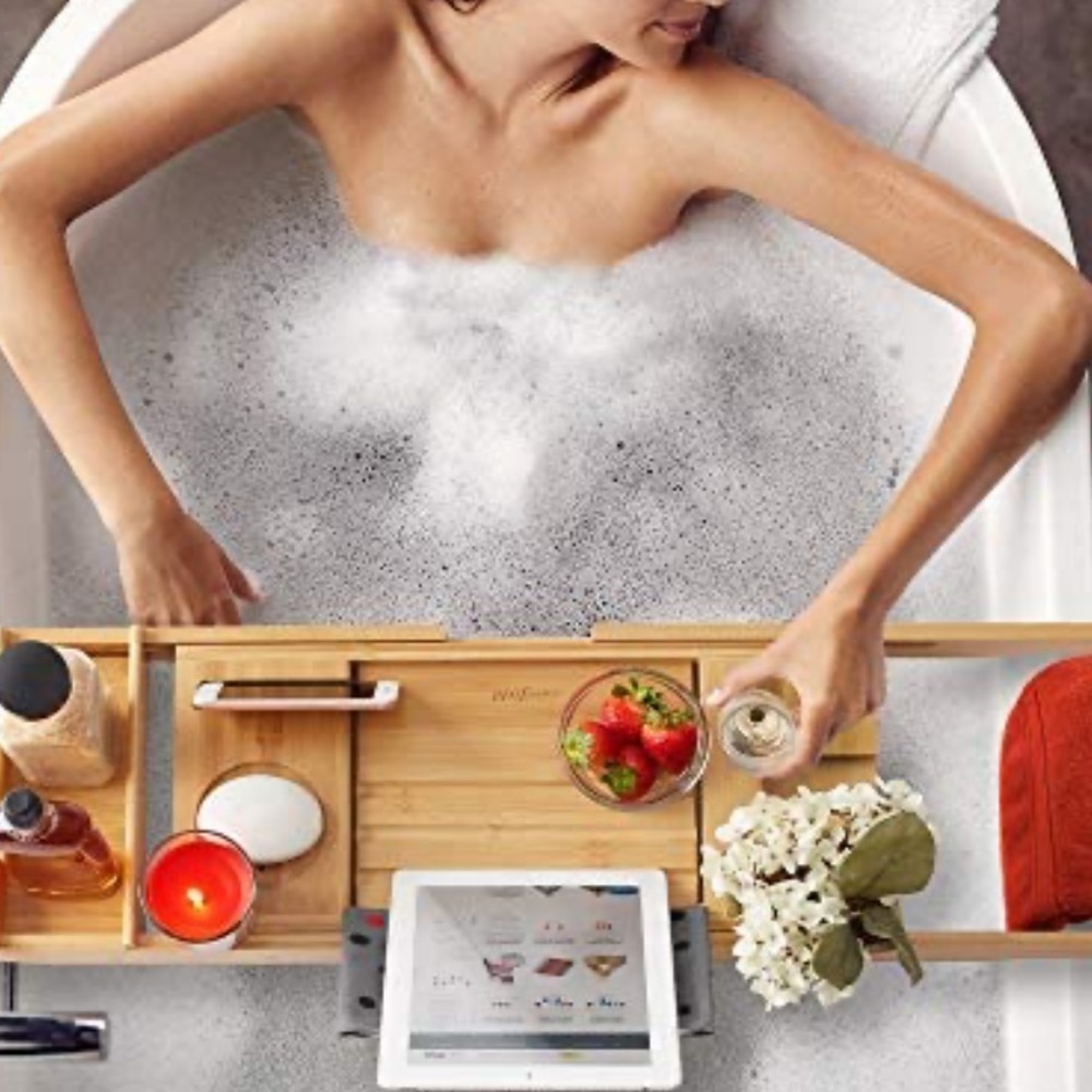 Bamboo Adjustable Bath Organizer - Expandable Spa Tray Fits Most Tubs.